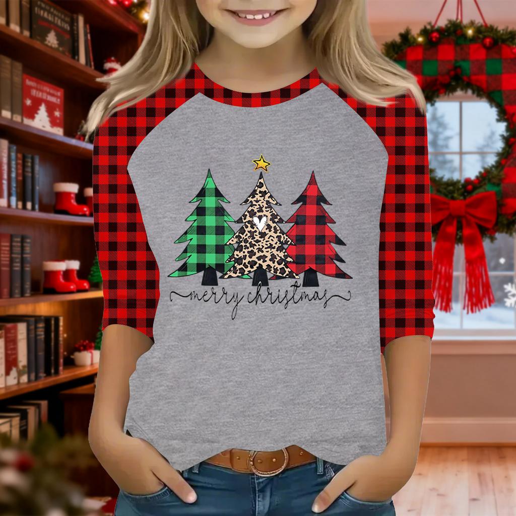 Tops For Youth Girls 4-16 Years Round Neck 3/4 Sleeves T-Shirts Trendy Tops Outfit Tees Christmas Day