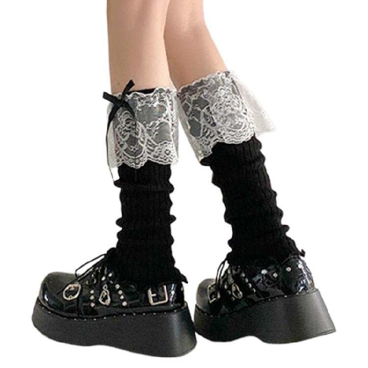 Women Aesthetic Ribbed Knit Stretch Leg Warmer Japanese Boot Cover Sweet Ruffled Lace Trim Bows Leg Sleeve Long Socks