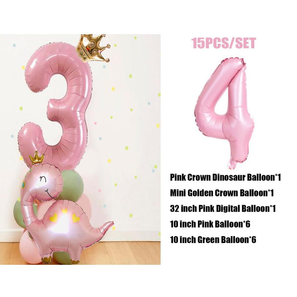 Torre de balões de dinossauro verde rosa com balão de número de 32 polegadas para decoração de festa de aniversário faça você mesmo com dinossauro para meninas