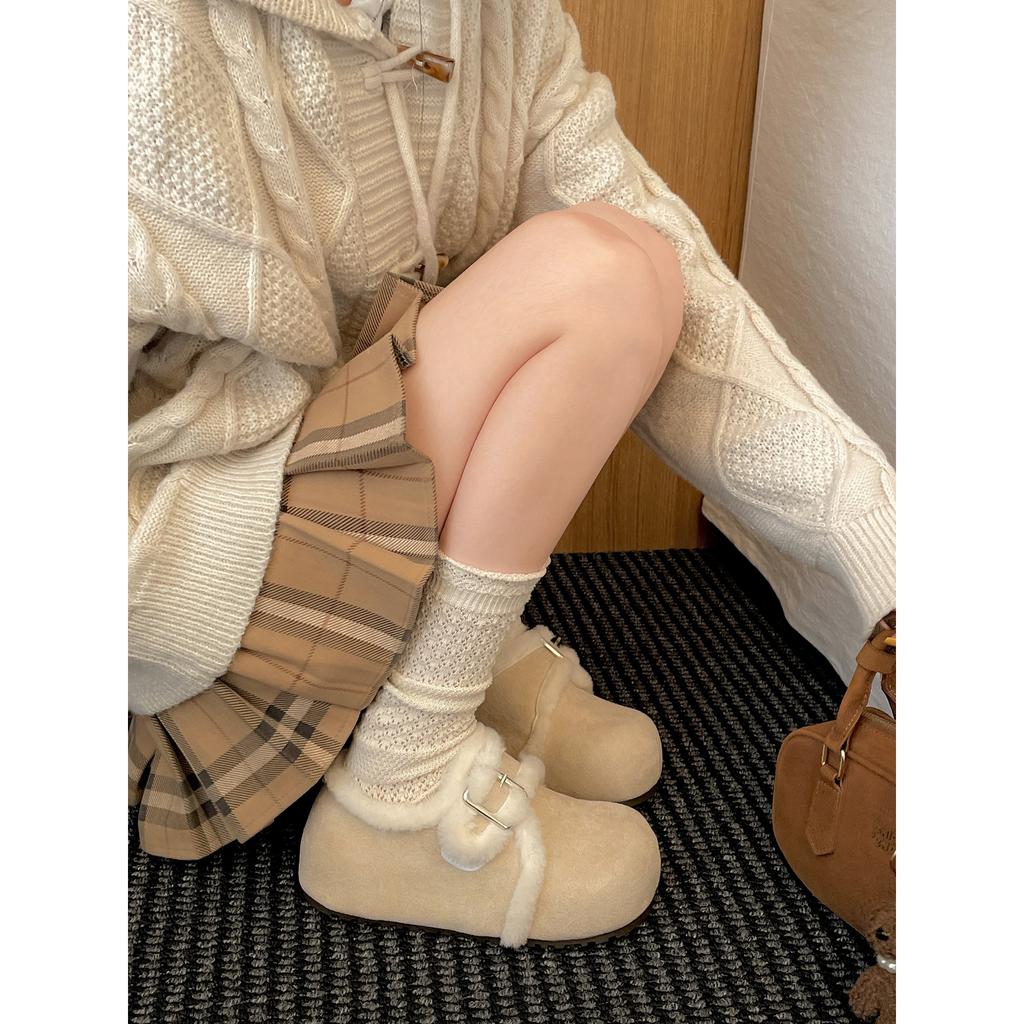 White velvet thickened warm snow cotton shoes women wear soft-soled Birkenstocks in winter