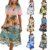 Women V Neck Short Sleeve Casual Dress Hawaiian Print Midi Length Summer Beach Dress with Flowing Skirt