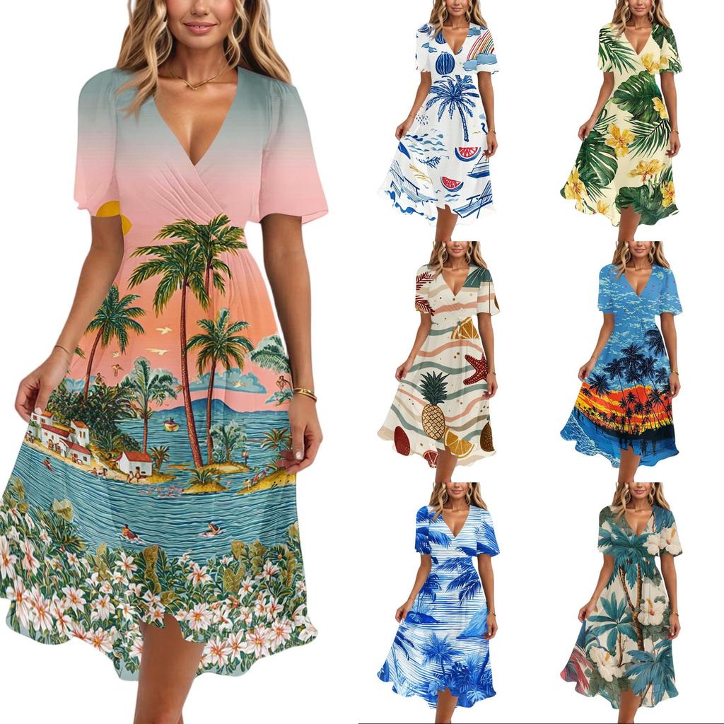 Women V Neck Short Sleeve Casual Dress Hawaiian Print Midi Length Summer Beach Dress with Flowing Skirt