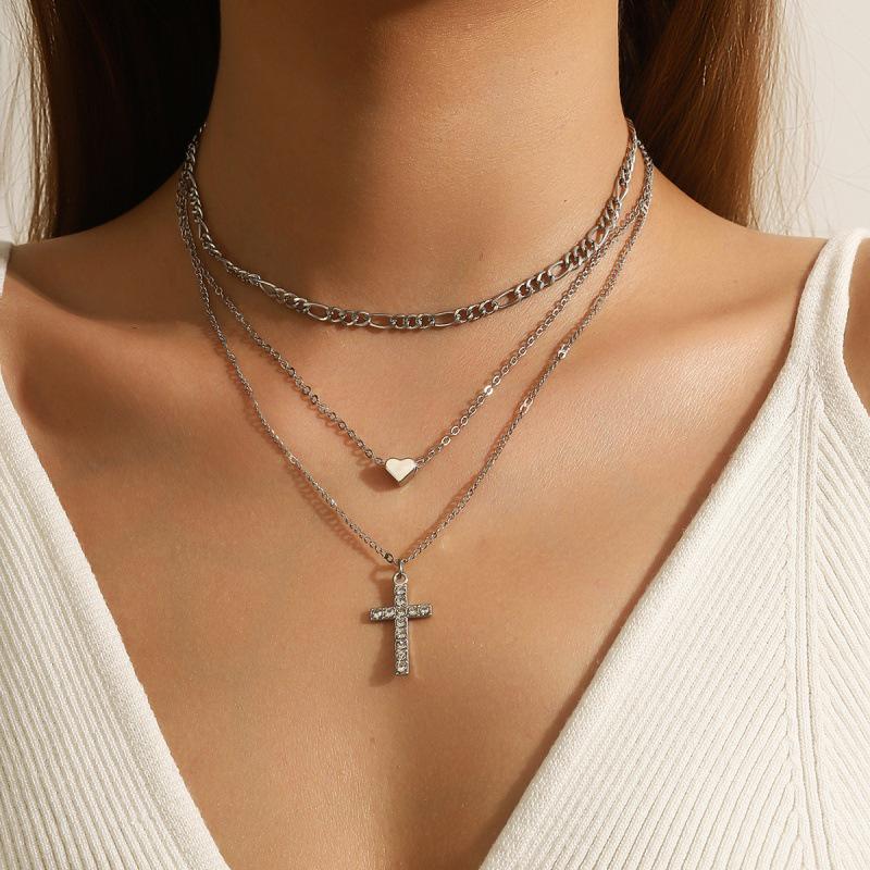 Shein Hot Selling European & American Multi-Layer Stackable Necklace for Women – High-End Luxury Retro Cross Clavicle Chain Choker