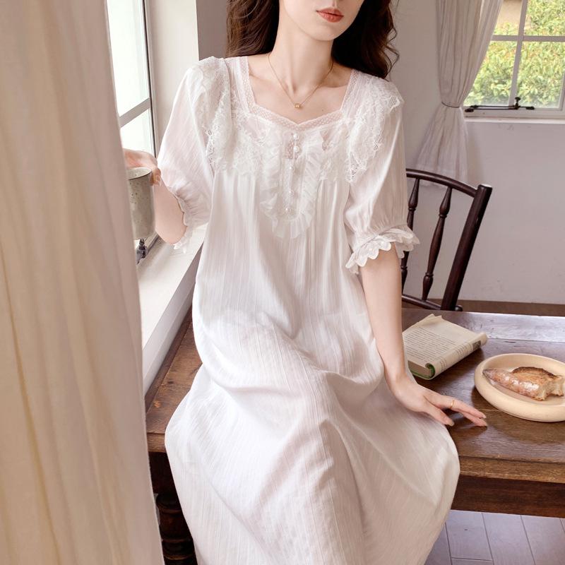 Women's French Court-Style Nightgown with Built-In Bra, Summer Princess Pajamas, Pure Cotton Long Dress, Loungewear