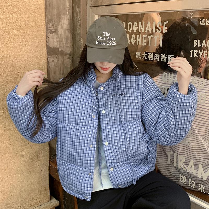Blue stand-up collar plaid down cotton-padded clothes women's winter new thickened warm small short coat