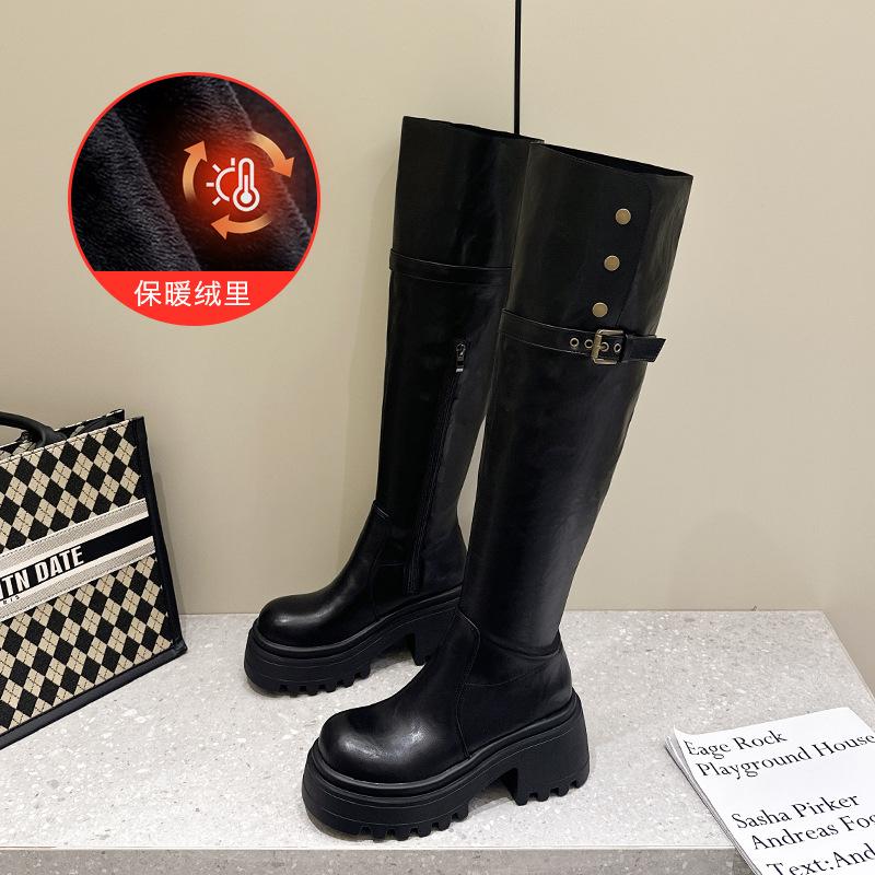 

Ретро ботфорты на толстой подошве, две пряжки на ремне, толстый каблук, высокие ковбойские сапоги в западном стиле, однотонные осенне-зимние рыцарские сапоги для женщин 40