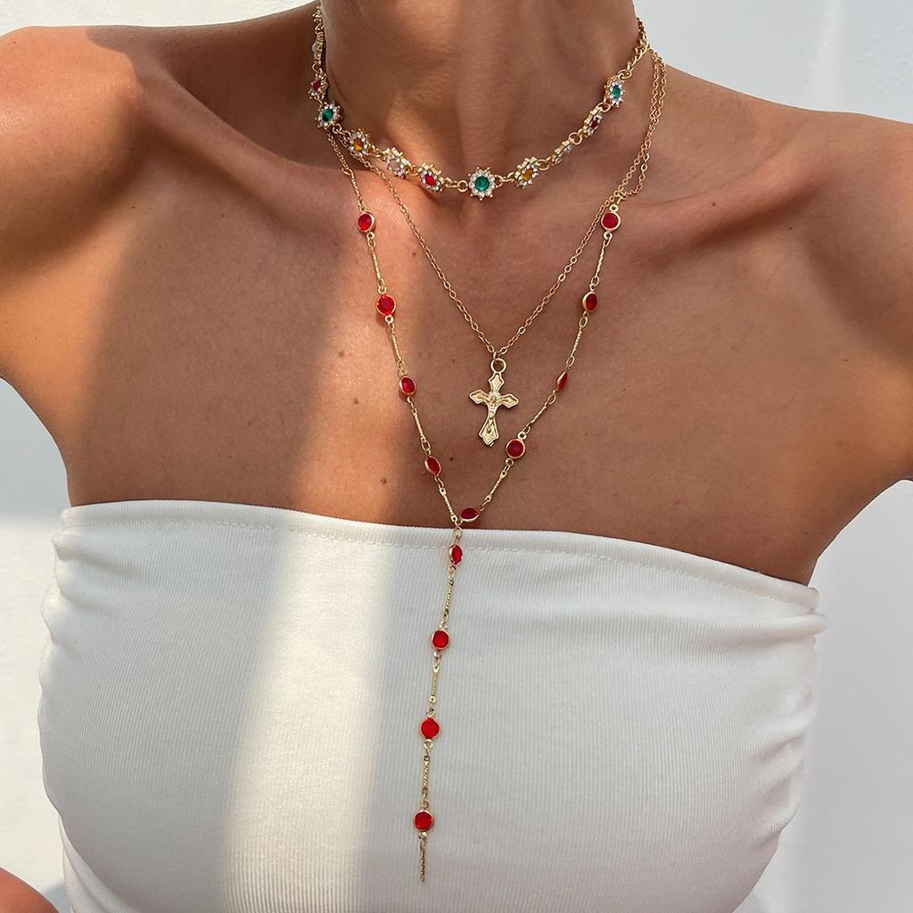 Strasskreuz & Blume Kristall Halsketten Set - Kupferbeschichtete Eisenkette, 3 Teile