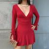 2024 European & American Deep V Long Sleeve Tie-Pleated Backless Dress