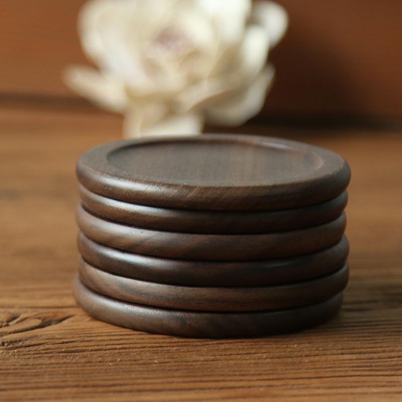 Round Black Walnut and Beech Wood Coasters, 6-Piece Set – Heat-Resistant Placemats for Coffee and Tea Cups