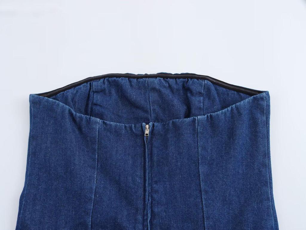 2025 Spring Strapless Women's Blue Denim Off-Shoulder Long Dress with a Straight Neckline and Wide Hem