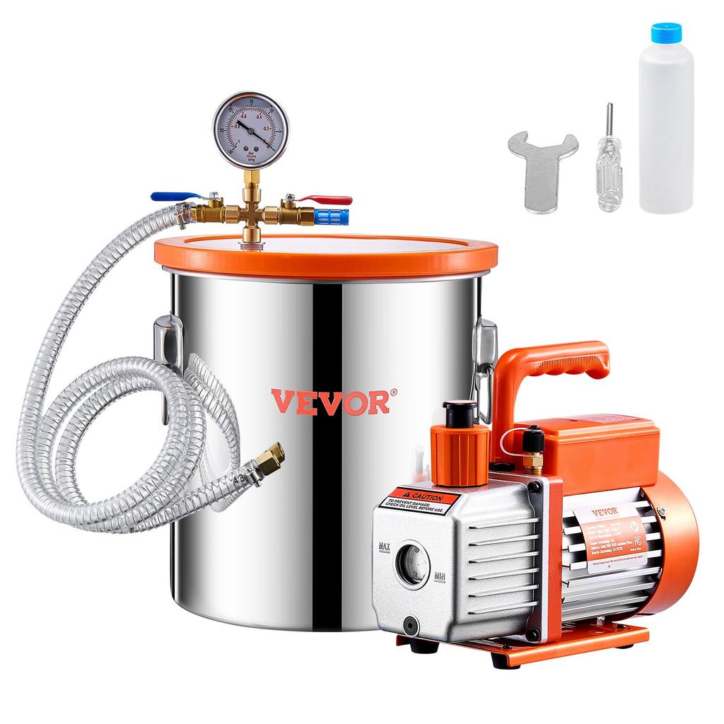 VEVOR 19 litros(5 Galones) Cámara de Vacío y 100 L/min(3.5 CFM) Kit de Bomba, Cámara de Acero Inoxidable, Kit de Cámara de Desgasificación con Bomba de Vacío de Una Etapa