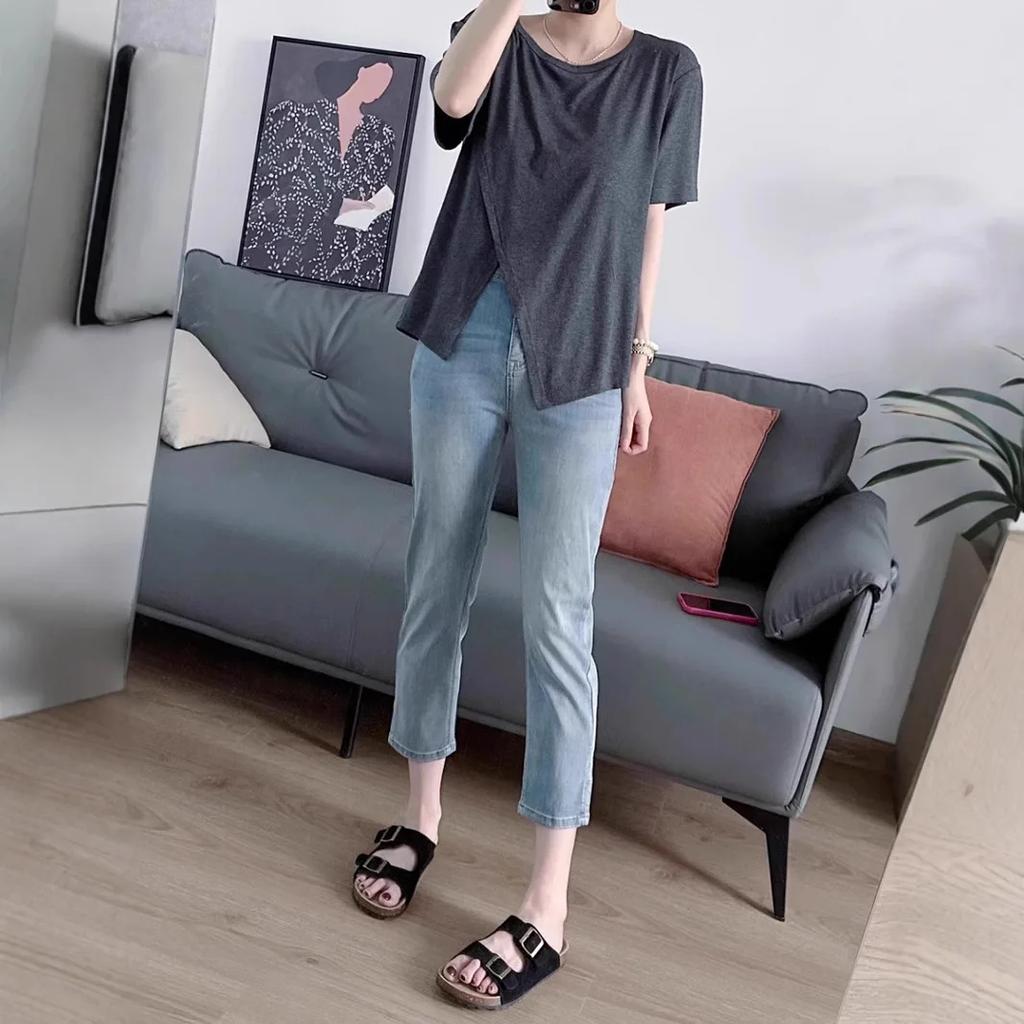 Tencel Eisseide High Waist Straight Leg Jeans Damen Übergröße Sommer Dünn Kleine Figur Schlankmachend Neunröhren Zigarettenhose
