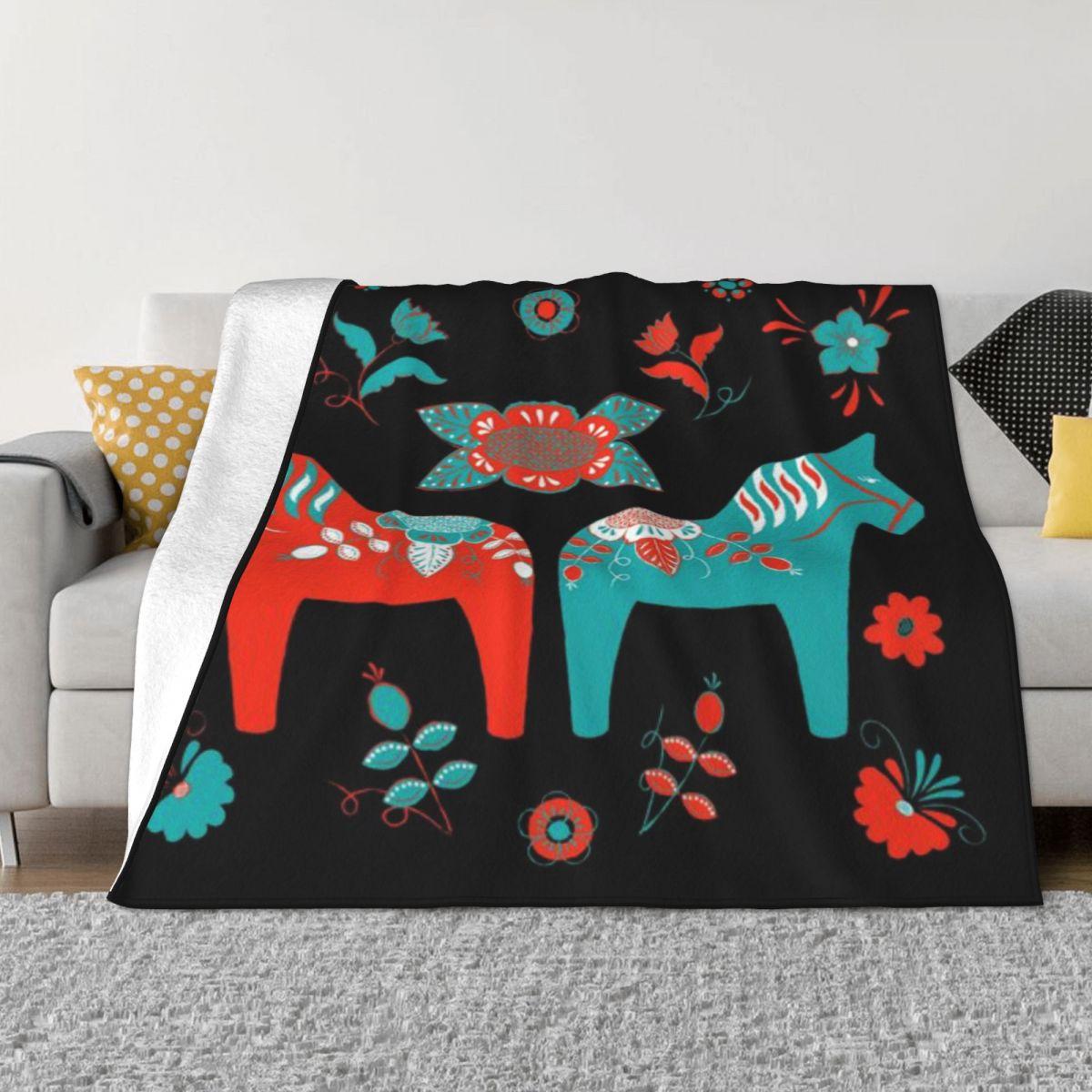 Folk Art - Swedish Dala Horses - Red Turquiose Personalized Gift An Ultra-Soft Micro Fleece Blanket 50x60in