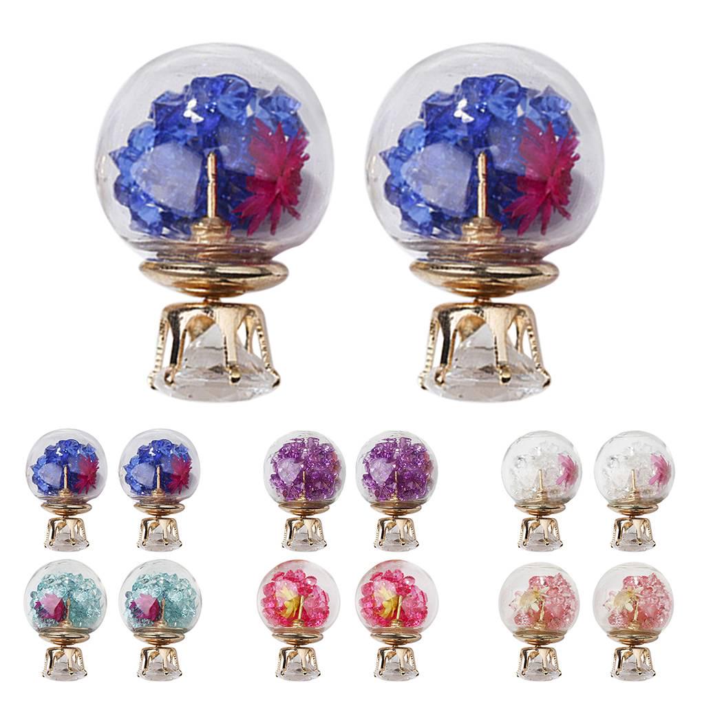 Women Girls Double Side Dry Flower Rhinestone Glass Stud Earrings Crystal Ball Ear Pin Jewelry Accessories