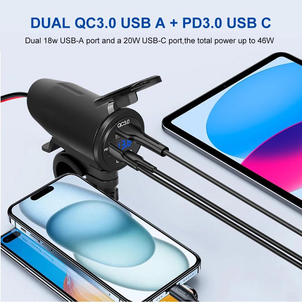 3-Ports 12V Motorcycle QC 3.0 USB Fast Charger Waterproof with Type C Port New PD Outlet Handlebar Mounting Cellphone Chargers