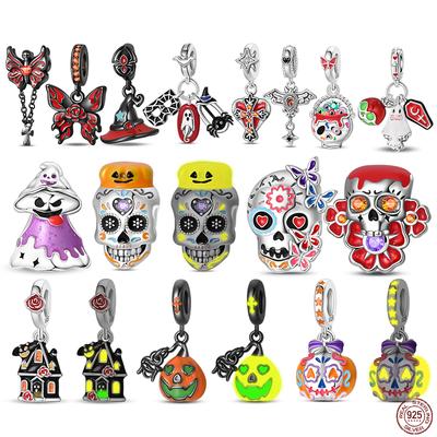 Halloween Charms Bead Copper Jack-O'-Lantern Skull Bat Witch Hat Candy Luminous Charm Fit Bracelet Diy Jewelry