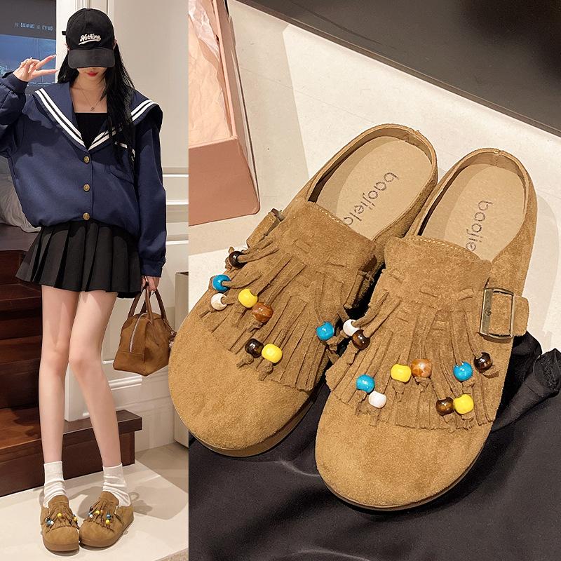 2025 Herbst Französisch Retro Baotou Erhöhte Halbschuhe Damen Ein-Pedal Lazy Weichsohlige Dickbesohlte Fransen-Slipper Damen