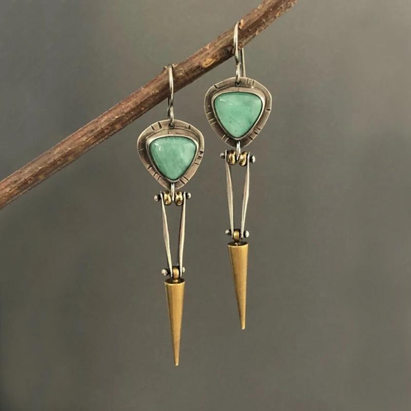

Tribal Triangle Green Resin Stone Earrings Vintage Handmade Zircon Cone Golden Pendant Statement Earrings For Women