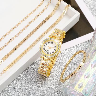 No Gift Box; Fashionable Luxury Full Diamond Ladies' Watch Wheat Ear Bracelet 6-piece Set
