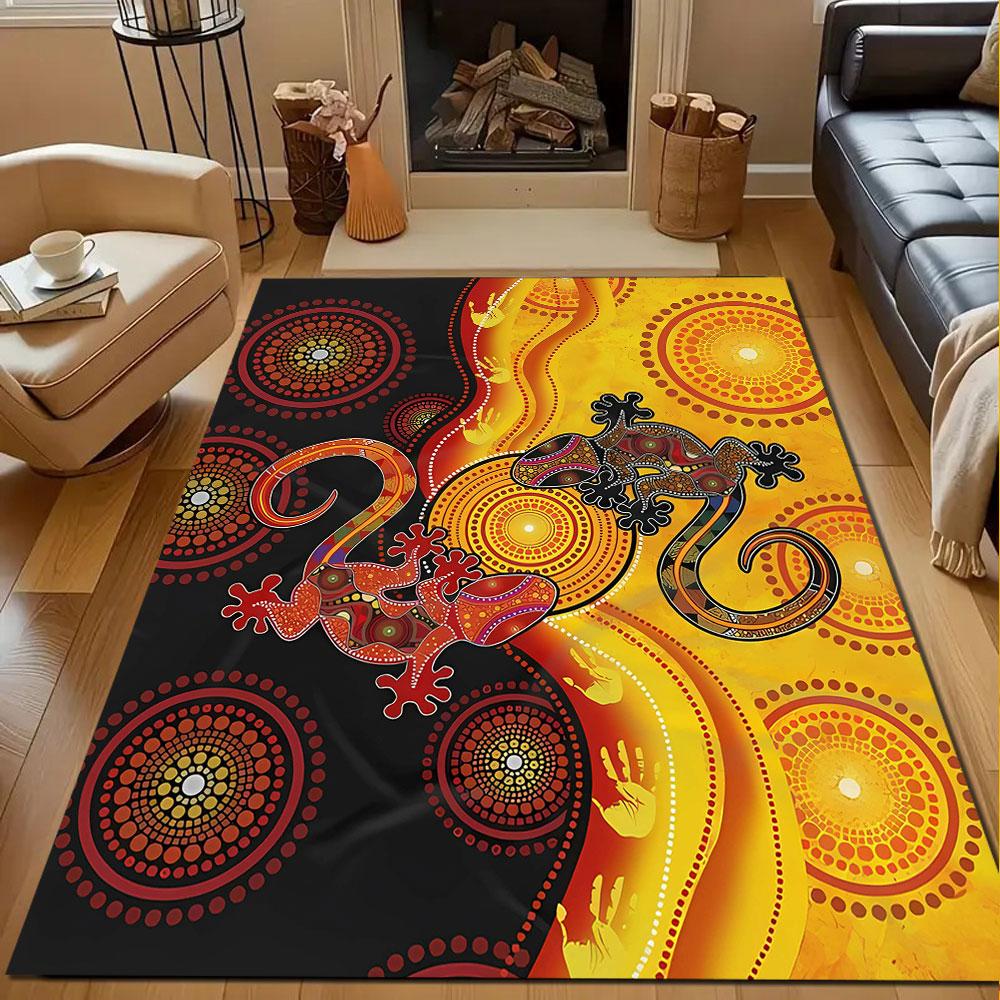 Aboriginal Style Geckos with Dot Art Patterned carpet, non slip mat suitable for living room and bedroom sofas