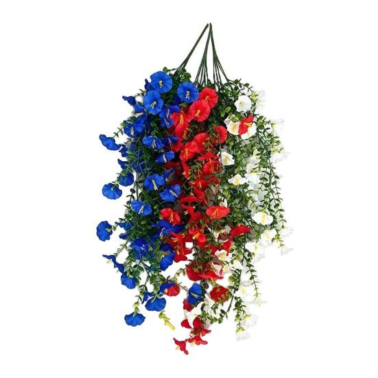 Patriotic Red White Blue Hanging Flowers Artificial Morning Glory Flower Vine UV Resistant Fake Plants for 4th of July Memorial Day Independence Day