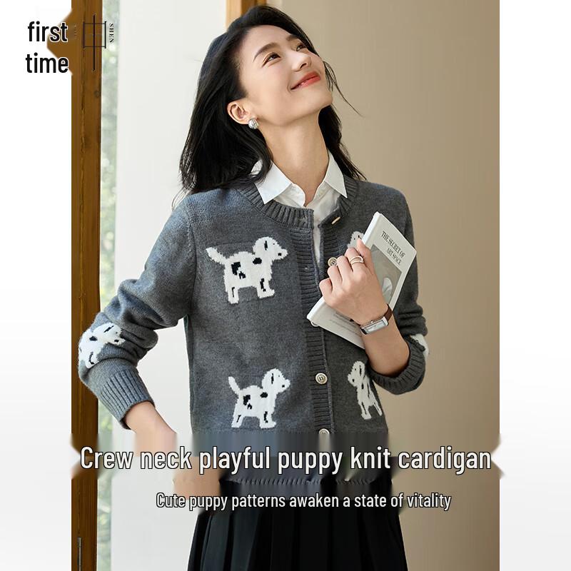 Women's Thick Knitted Round Neck Cardigan with Puppy Pattern