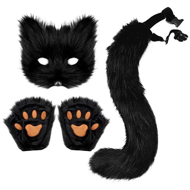 3PCS Handmade Faux Fur Masque Fox Masque Handmade Faux Fur Cat Fox Masquerade Kit for Halloween Party Cosplay Therian