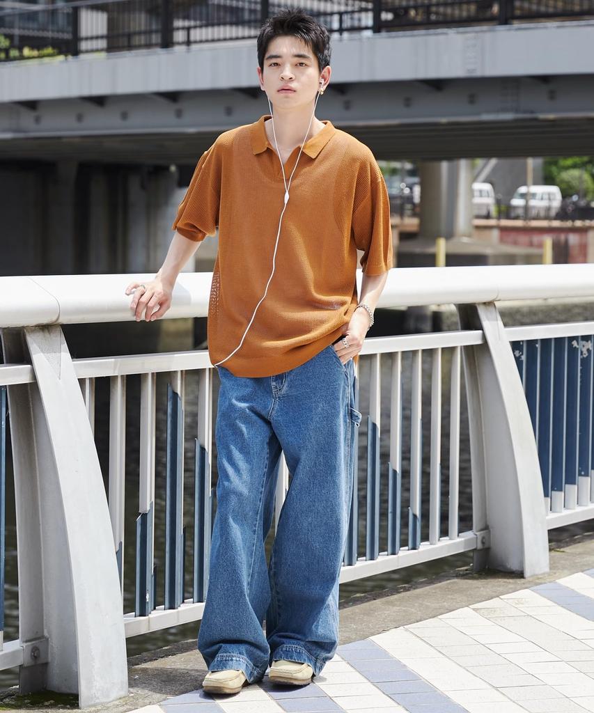 WEGO Mesh Polo Knit Summer Loose Korean Size Mustard Men's Pullover, Top, Fit, Casual, Gift, Style, Layered, Spring, Summer, Autumn, M,