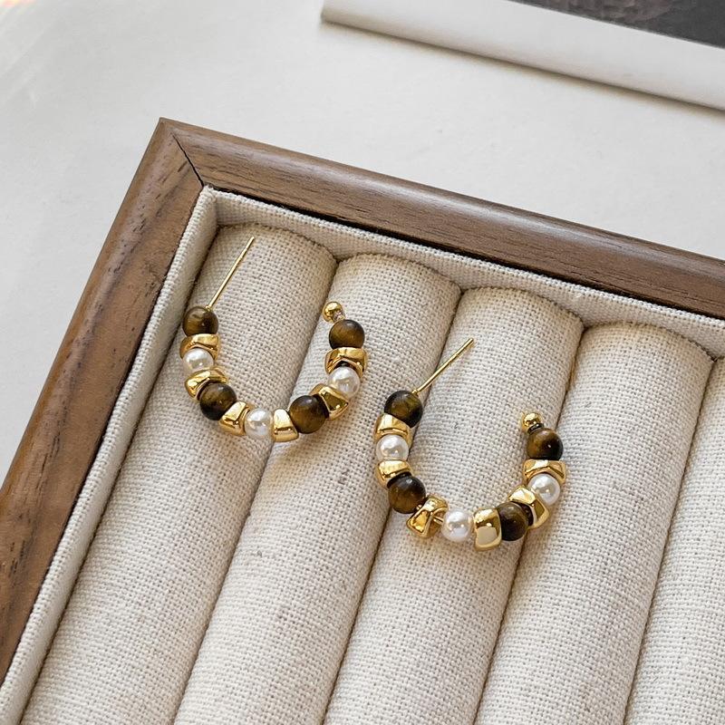 Maillard artificial tiger's eye stone ear buckle retro fashion high-end earrings light luxury temperament earrings