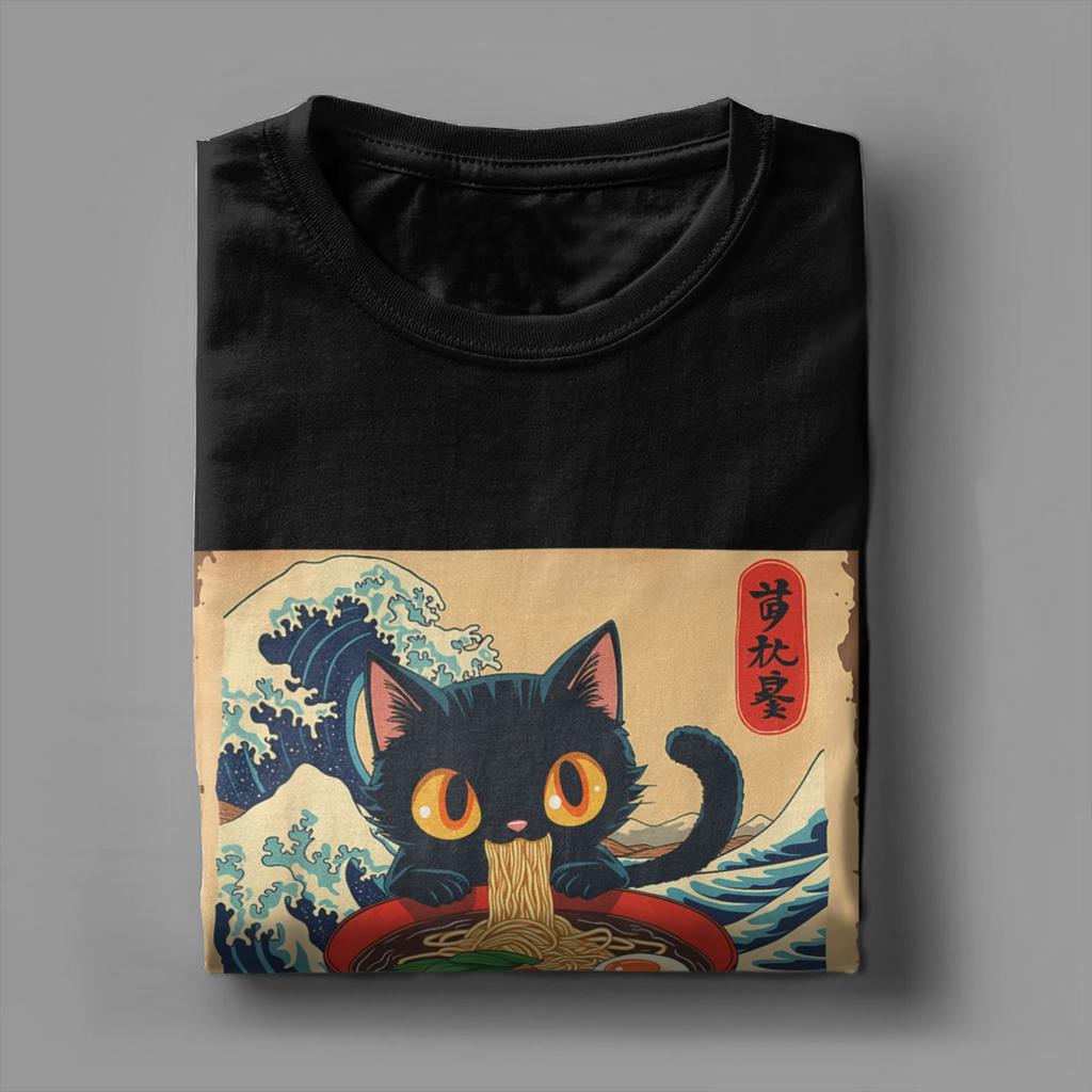 Men T-Shirt Japanese Black Cat Ramen Creative 100% Cotton Tee Shirt Short Sleeve Kawaii Noodle Cat T Shirt Round Neck