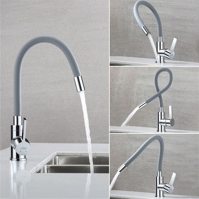 Flexible Kitchen Faucet - AURALUM PRO - 360° Rotating Brass Sink Mixer - Grey - Water Saving