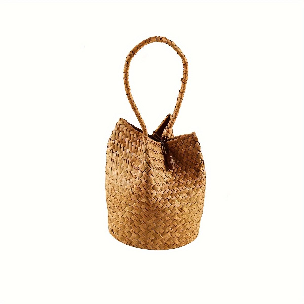 Ambiel Charm Mini Dames Vintage Boheemse Emmer Tas &VerticalLine; Natuurlijk Beige, Gemakkelijk Schoon te Maken Geweven Textuur, Geplooide Design, Duurzaam Weefsel, Kleine Handtas 1pc