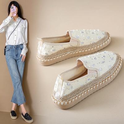 2024 Ladies Casual Comfort Slip On Lazy Shoes Female Womens Platform Flat Slip On Canvas Strap Loafers Straw Espadrilles