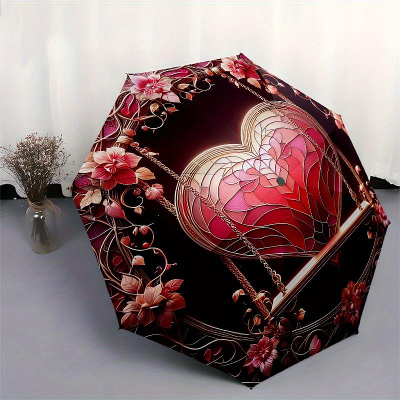 Romantic Heart Swing Wall Art Decor Umbrella, Cute Umbrella with Cute Design, Portable 3-Fold Compact Umbrella for Men & Women, Valentine's Day Mother