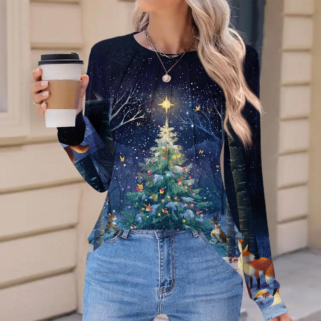 Women's Fashionable Casual Christmas Printed Pleated Comfortable Round Neck Loose Long Sleeve T-Shirt Top