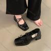 Comemore French Square Head Leather Ballet Single Shoes Black Thick High Heels Bow Shallow Mouth Retro Pumps Mary Jane Shoes