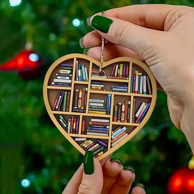 1/10pcs Christmas Tree Decorations Book Lovers Heart Shaped Bookshelf Pendant Wood Ornament,Christmas Pendant & Drop Ornaments