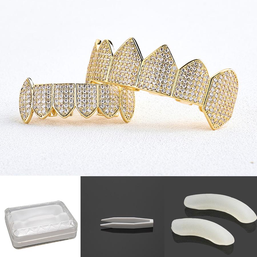 Hot Selling Halloween Hip Hop Grillz: Real Gold Plated Copper, Punk Zircon Paved, Big Gold Tooth Jewelry.