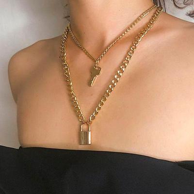 Vintage Creative Punk Style Exaggerated Thick Chain Choker Jewelry Lock Key Double-layer Necklace Female Hip-hop Metal Neck Chain