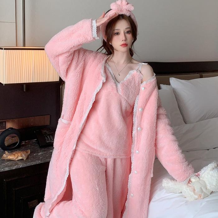 Suspender Trousers & Outer Robe Set with Chest Pad + 3D Hairband - Autumn/Winter Sexy Pajamas Coral Fleece 4-Piece Set.
