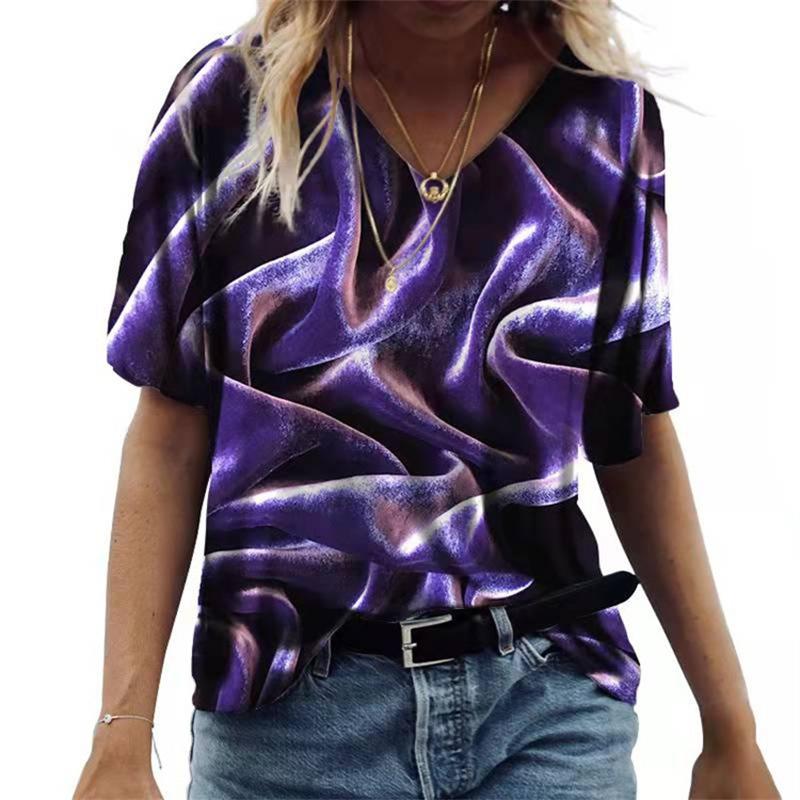 Damski T-shirt z krótkim rękawem i dekoltem V Luźny T-shirt Miejski Casual Nadruk 3D Damska Podstawa