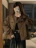 Americká retro hnědá motocyklová kožená bunda Ženy Módní Design Krátká ramenní vycpávka Bunda Grunge Estetický tenký kabát Streetwear