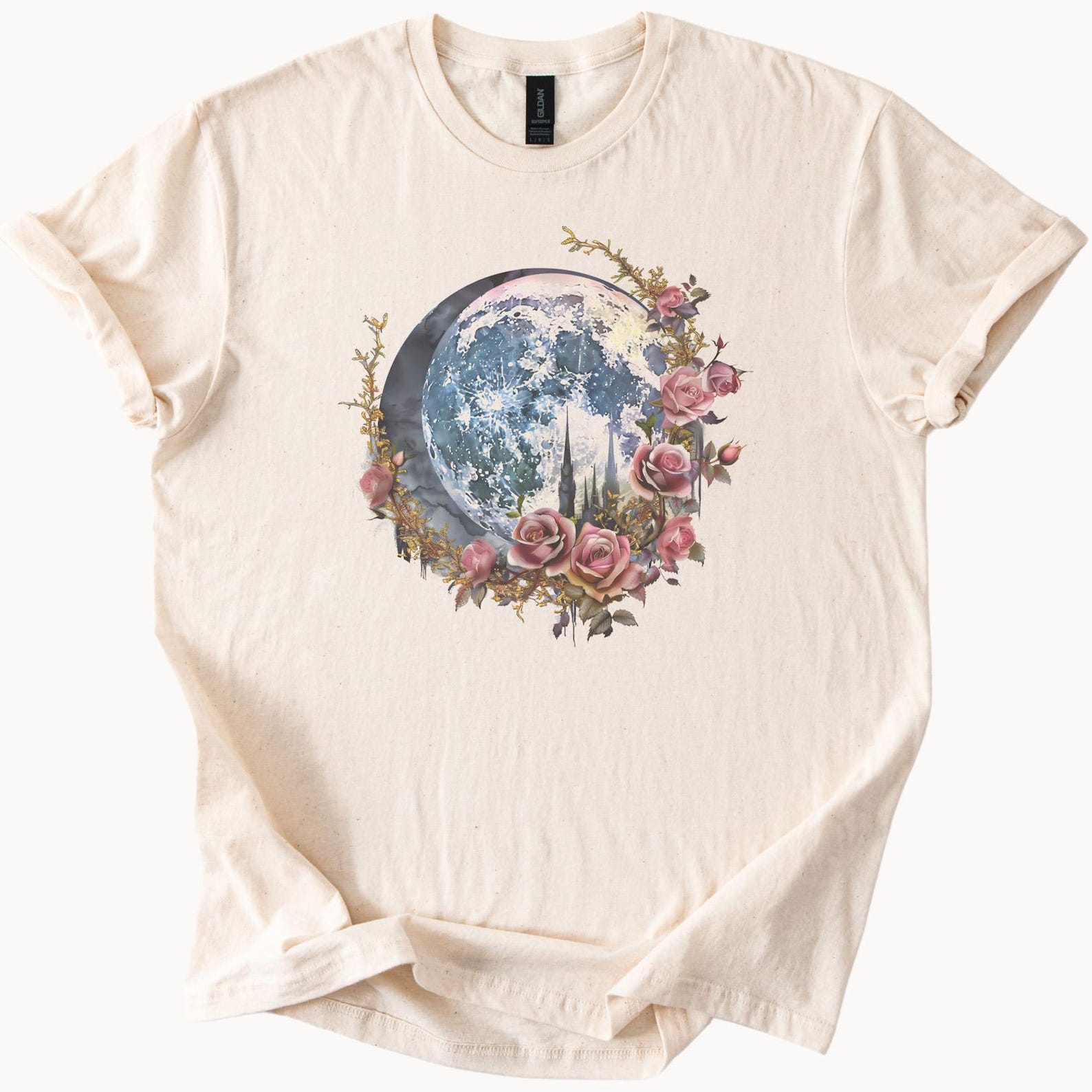 Moon Graphic Shirt Full Moon Rose Flowers Tee Lunar Art Celestial Nature Shirt Moon Phases Pink Rose Graphic Shirt Unique Gift Earthy Top 160