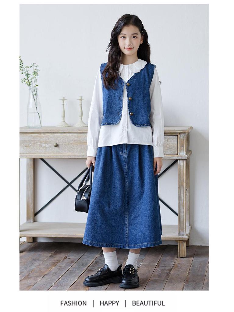 Jesienny szyk Zestaw dwuczęściowy kurtka dżinsowa w stylu koreańskim i spódnica midi