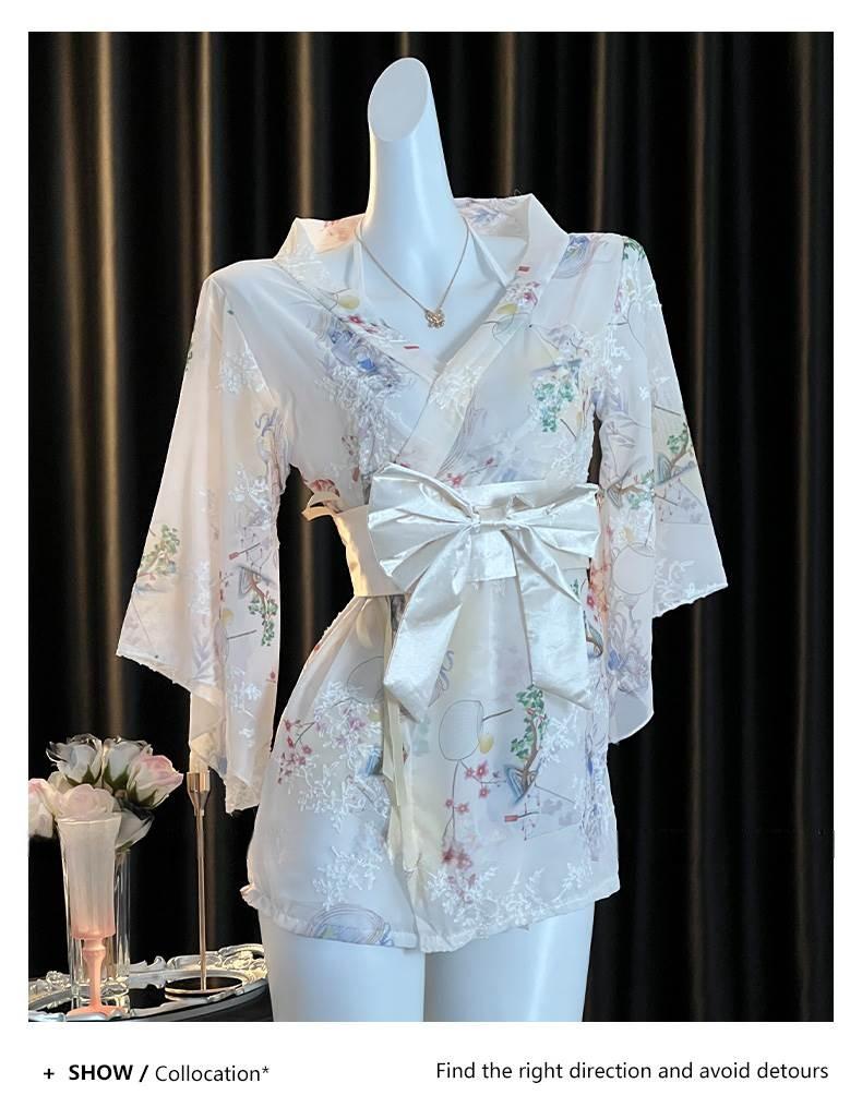 Elegant Japanese Chiffon Kimono Nightgown with Bow Embroidery