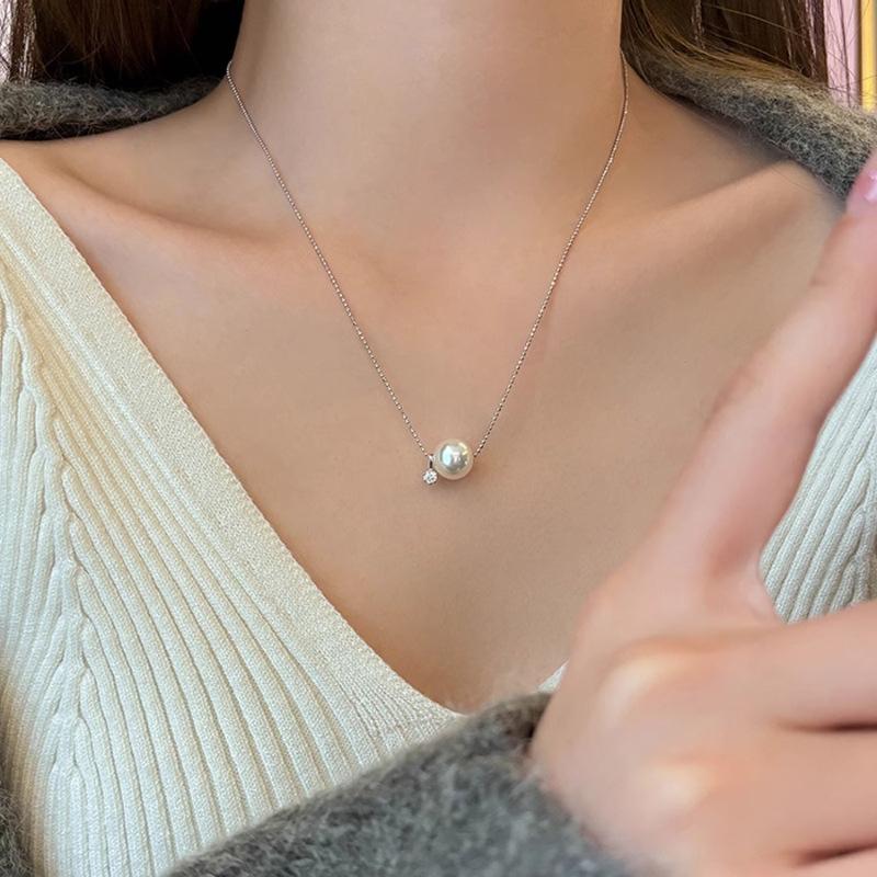 PANJBJ 925 Sterling Silver Round Necklace for Women Pearl Zircon Bead Minimalism Sweet Jewelry Gift Dropshipping