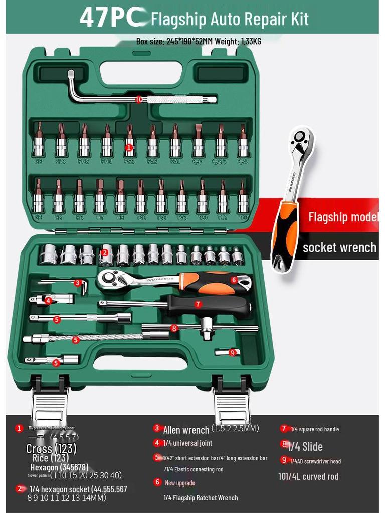 Green Forest Auto Repair Tool Set: Socket Wrench, Ratchet, Combination Tool Box.
