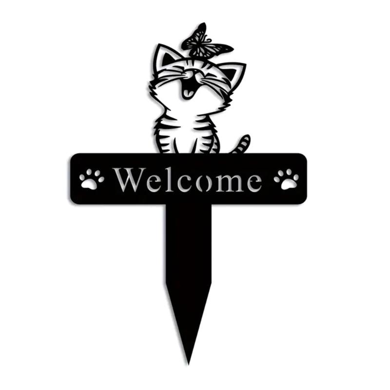 

Outdoor Garden Iron Art Cats Welcome Decoration Stake for Yard and Pathways Entrance Cats Themed Garden Ornament 1