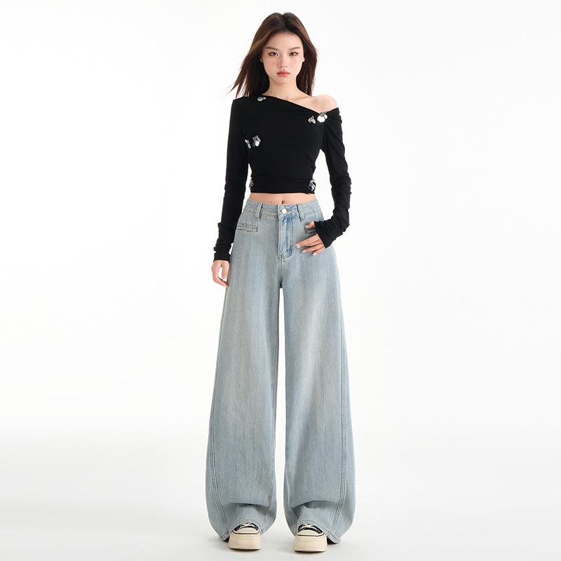 

2025 Spring Women s High-Waisted Wide-Leg Jacquard Jeans - Slimming, Floor-Length S