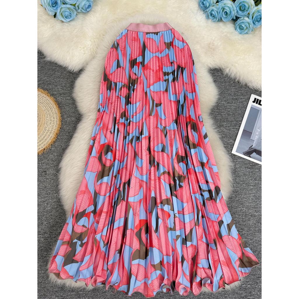 European & American Printed Pleated A-line Midi Skirt for Women - High-waisted, Versatile & Slimming